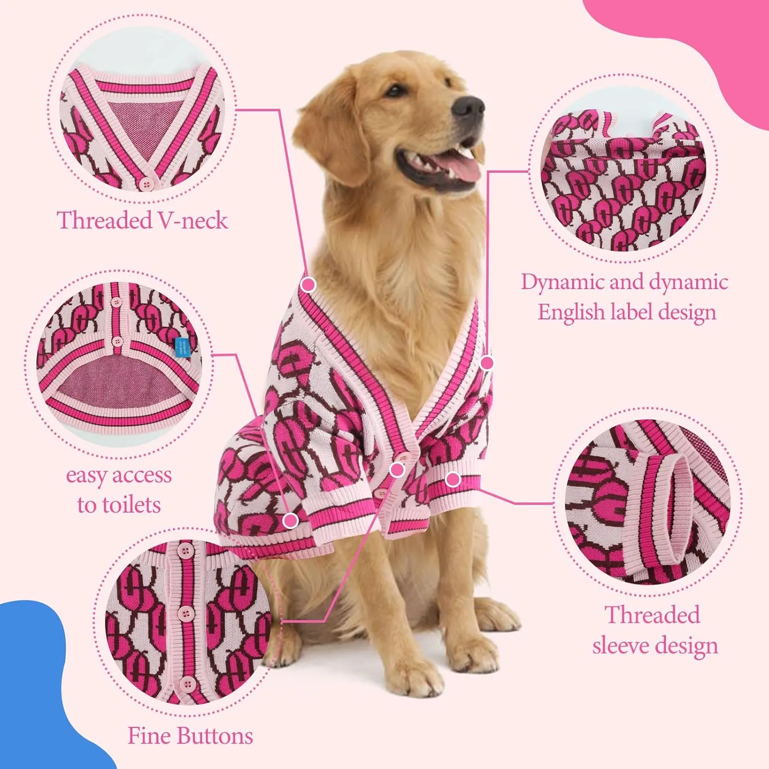 Dynamic Letter Patterned Dog Sweater, Pet Sweaters for Dogs, Dog Cardigan,Knitted Pet Clothing, Pet Clothes,Suitable for All Seasons and Types of Dogs(Pink M)