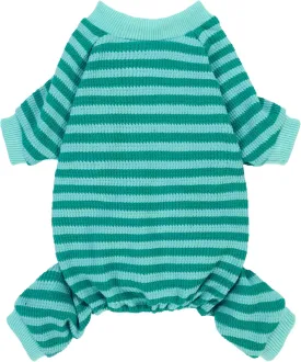 Fitwarm Green and Teal Striped Dog Pajamas, Waffle Dog Clothes for Small Dogs Girl Boy, Puppy Onesie with Feet, Pet Cat Outfit, XS