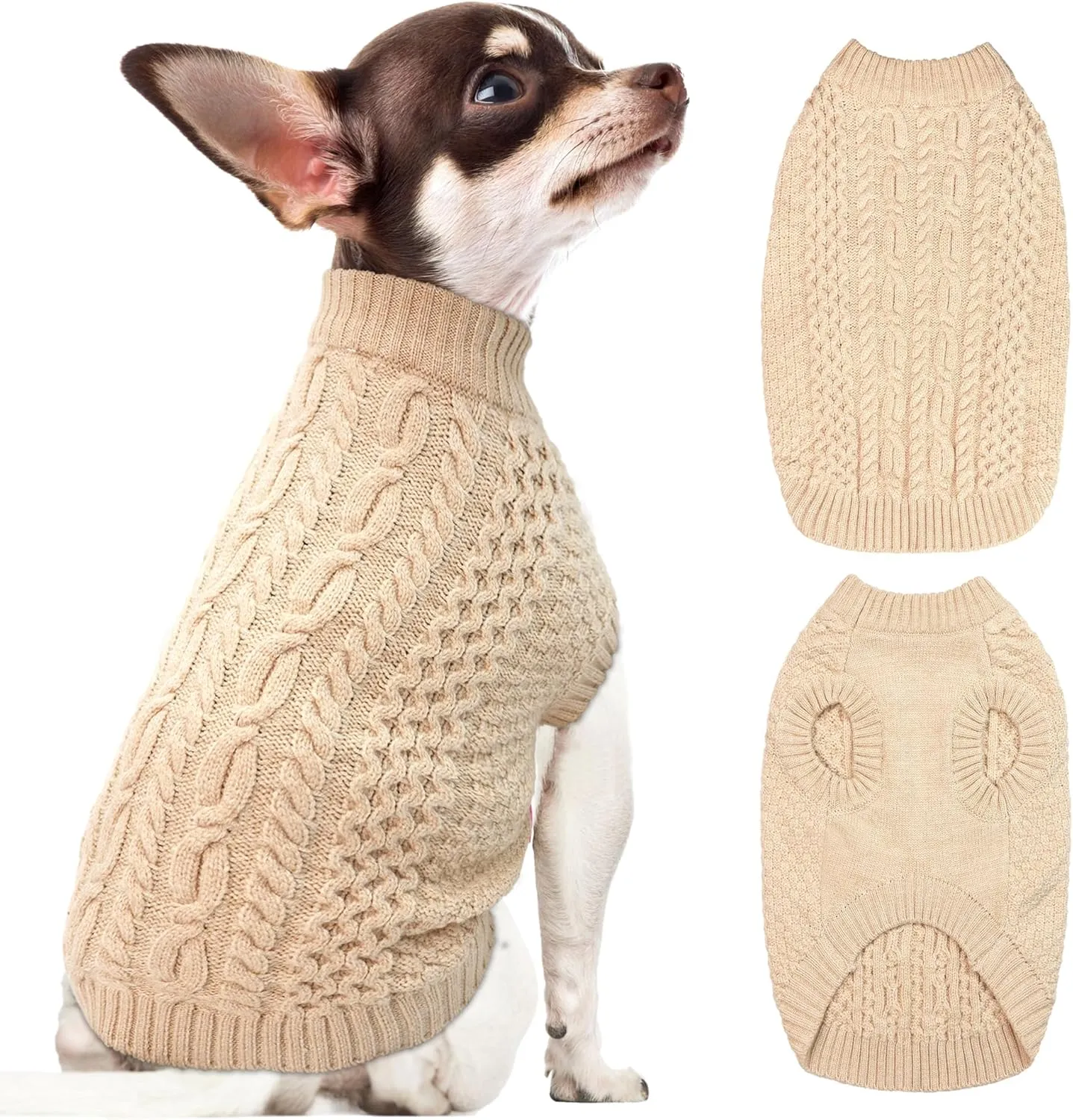 Fleece Beige Dog Sweater - Knitwear Pet Warm Clothes Classic Cable Knit Dog Sweater Cat Apparel Puppy Outfits for Small Medium Dogs Cats Boy Girl Pet (XX-Large)