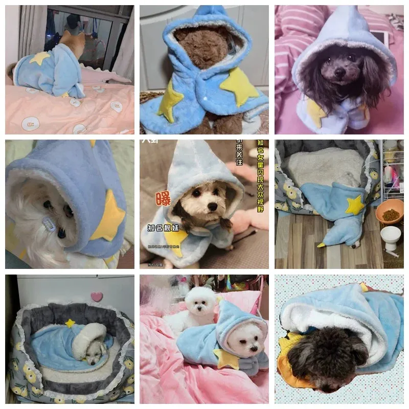 Fleece Dog Hooded Towel Pajamas | Soft & Cute Nightgown Blanket for Small Dogs & Cats | Travel Sleeping Mats for Pugs & Pets