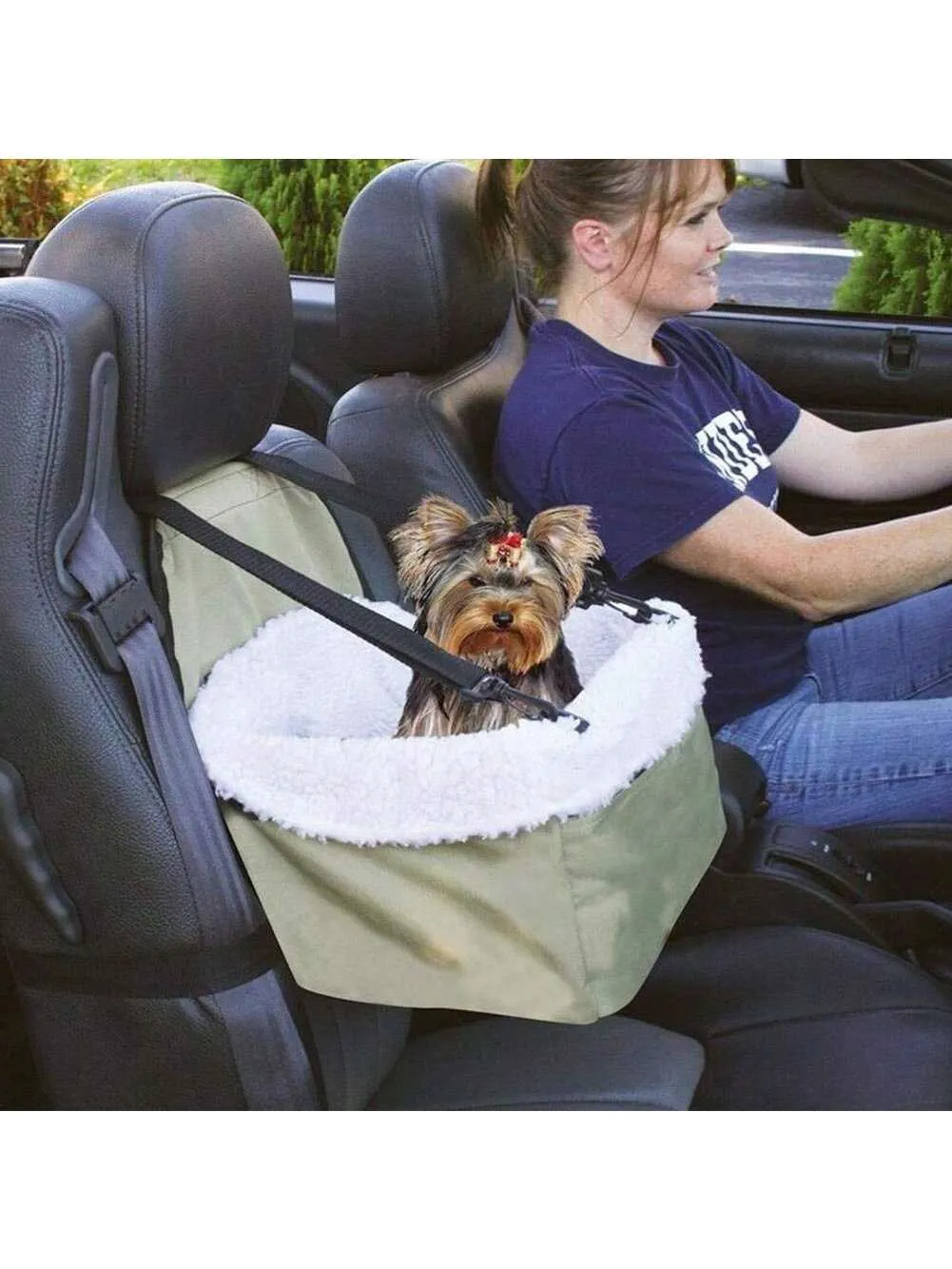 Green Plush Pet Car Seat Basket Suitable For Small Cats And Dogs For Car Travel