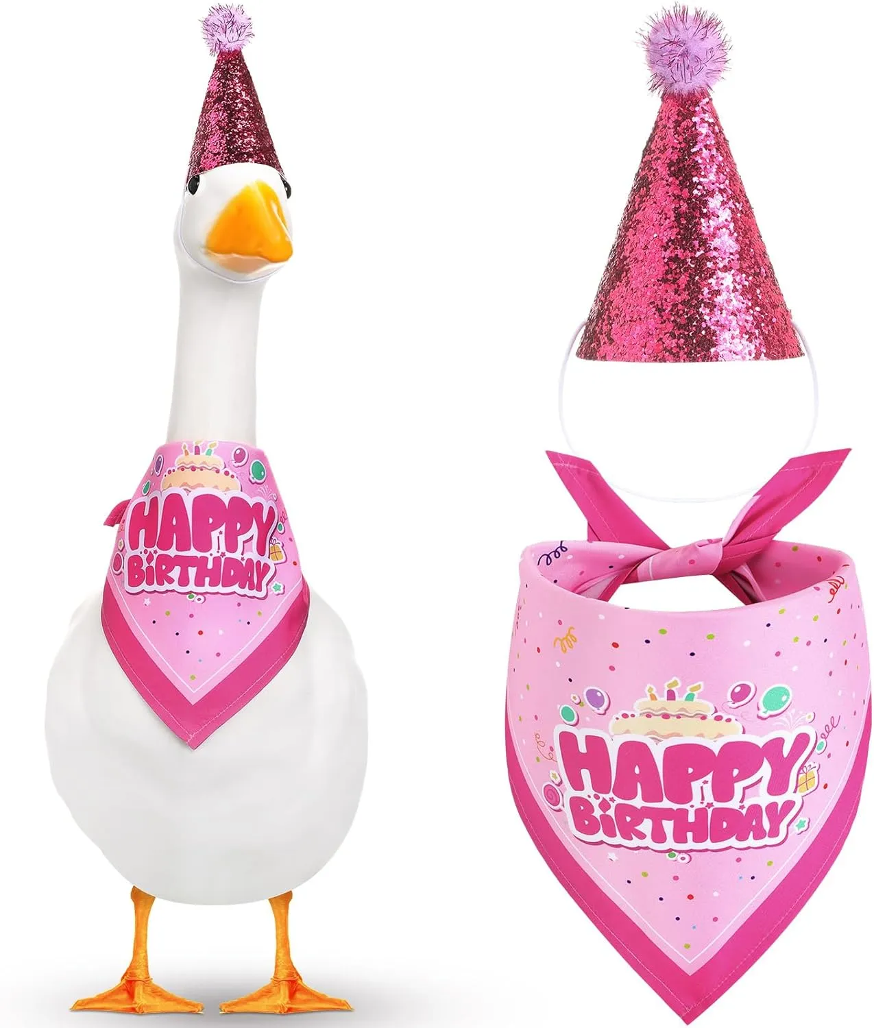 Happy Birthday Goose Outfit Lawn Goose Outfits with Glitter Birthday Hat and Bandana for 23" 17" Cement Plastic Duck Decor(Balloon Style)
