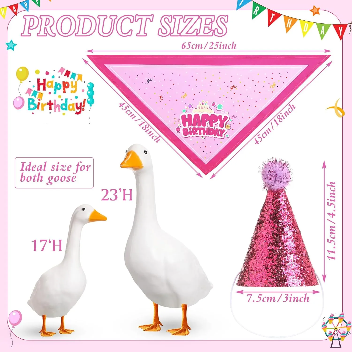 Happy Birthday Goose Outfit Lawn Goose Outfits with Glitter Birthday Hat and Bandana for 23" 17" Cement Plastic Duck Decor(Balloon Style)