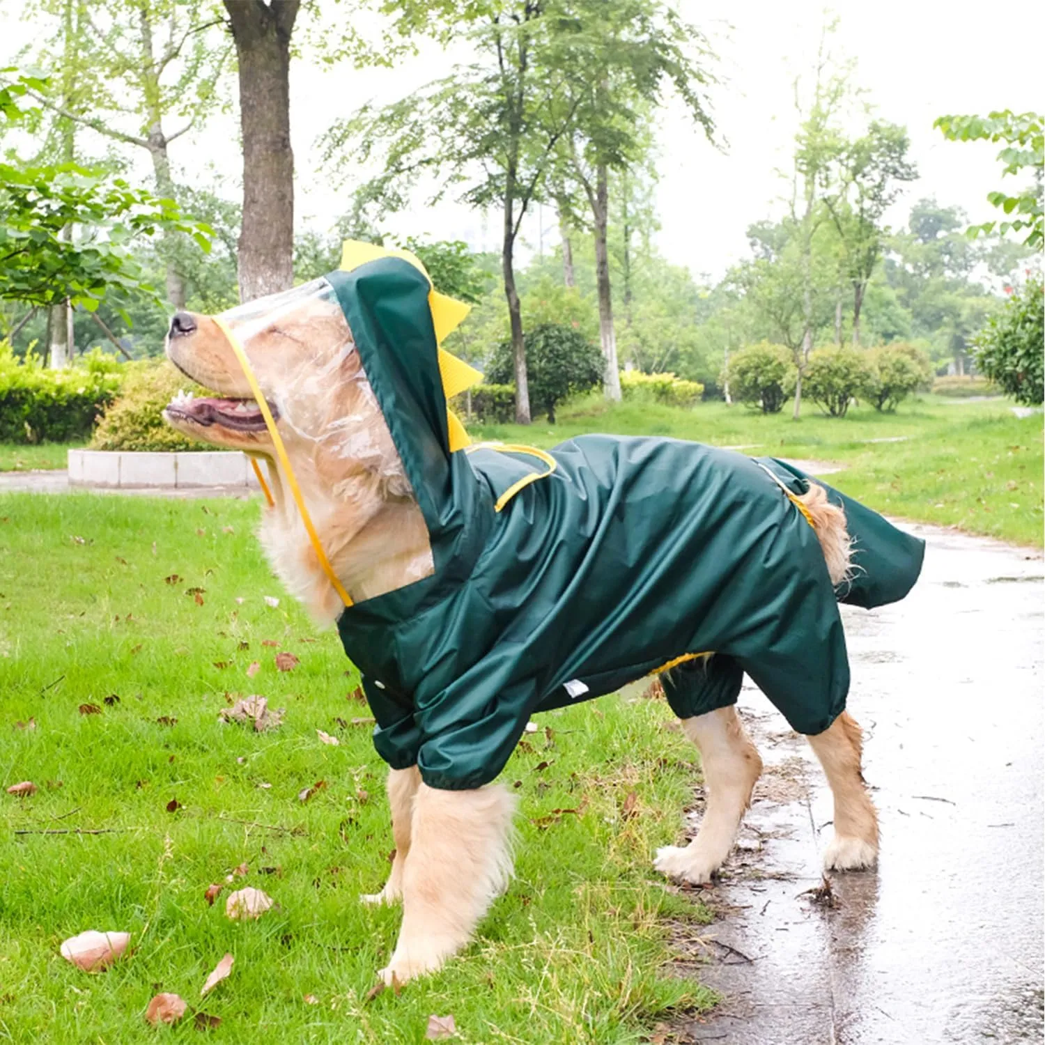 HDKUW Large Dog Raincoat with Leash Hole, Full Coverage Slicker Dog Rain Coat Hoodie, Animal Shape Waterproof Jacket for Small Medium Large Dogs Dinosaur 7XL