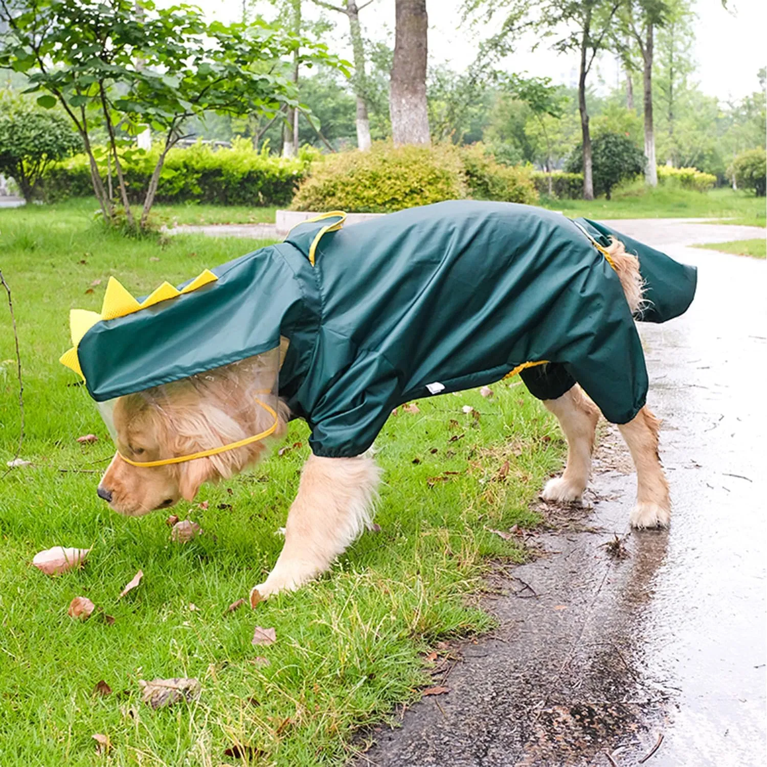 HDKUW Large Dog Raincoat with Leash Hole, Full Coverage Slicker Dog Rain Coat Hoodie, Animal Shape Waterproof Jacket for Small Medium Large Dogs Dinosaur 7XL