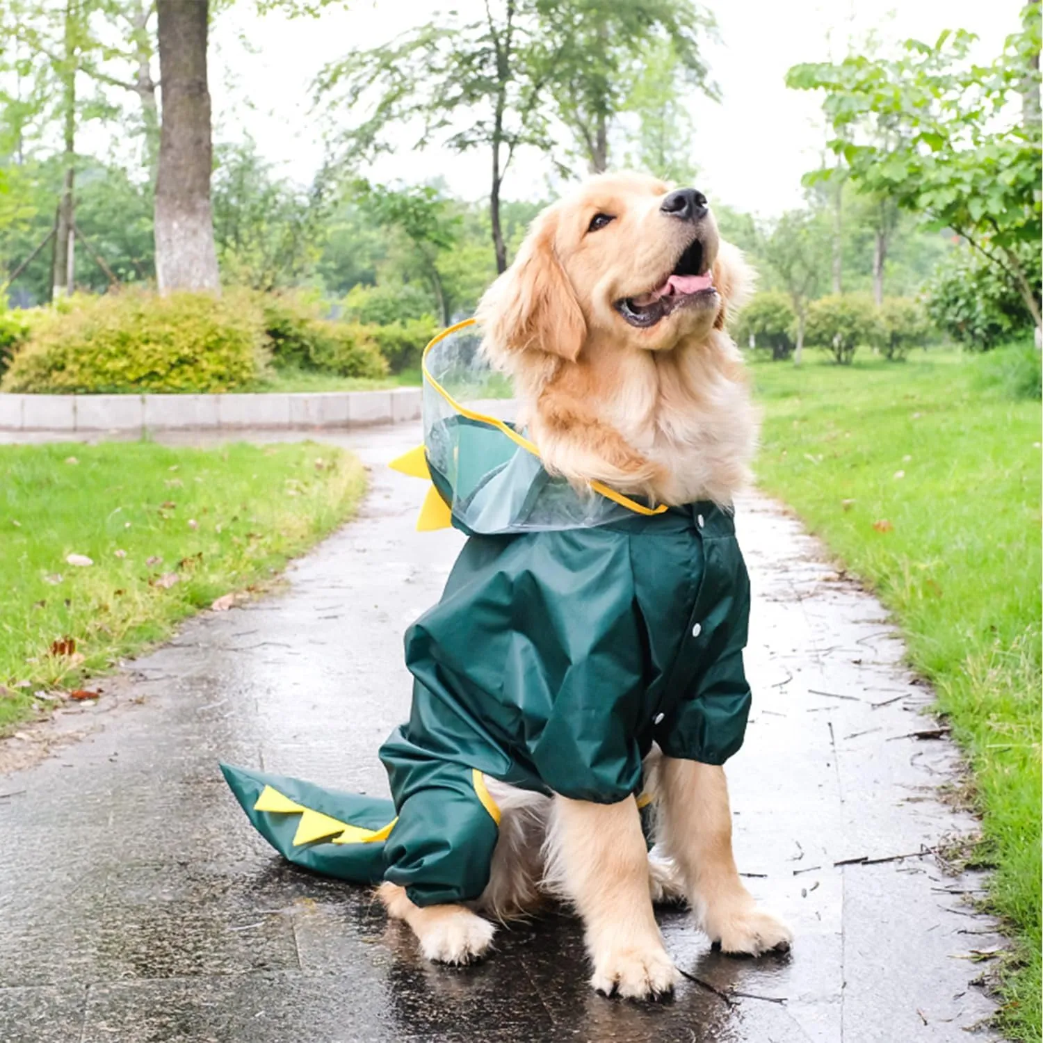HDKUW Large Dog Raincoat with Leash Hole, Full Coverage Slicker Dog Rain Coat Hoodie, Animal Shape Waterproof Jacket for Small Medium Large Dogs Dinosaur 7XL