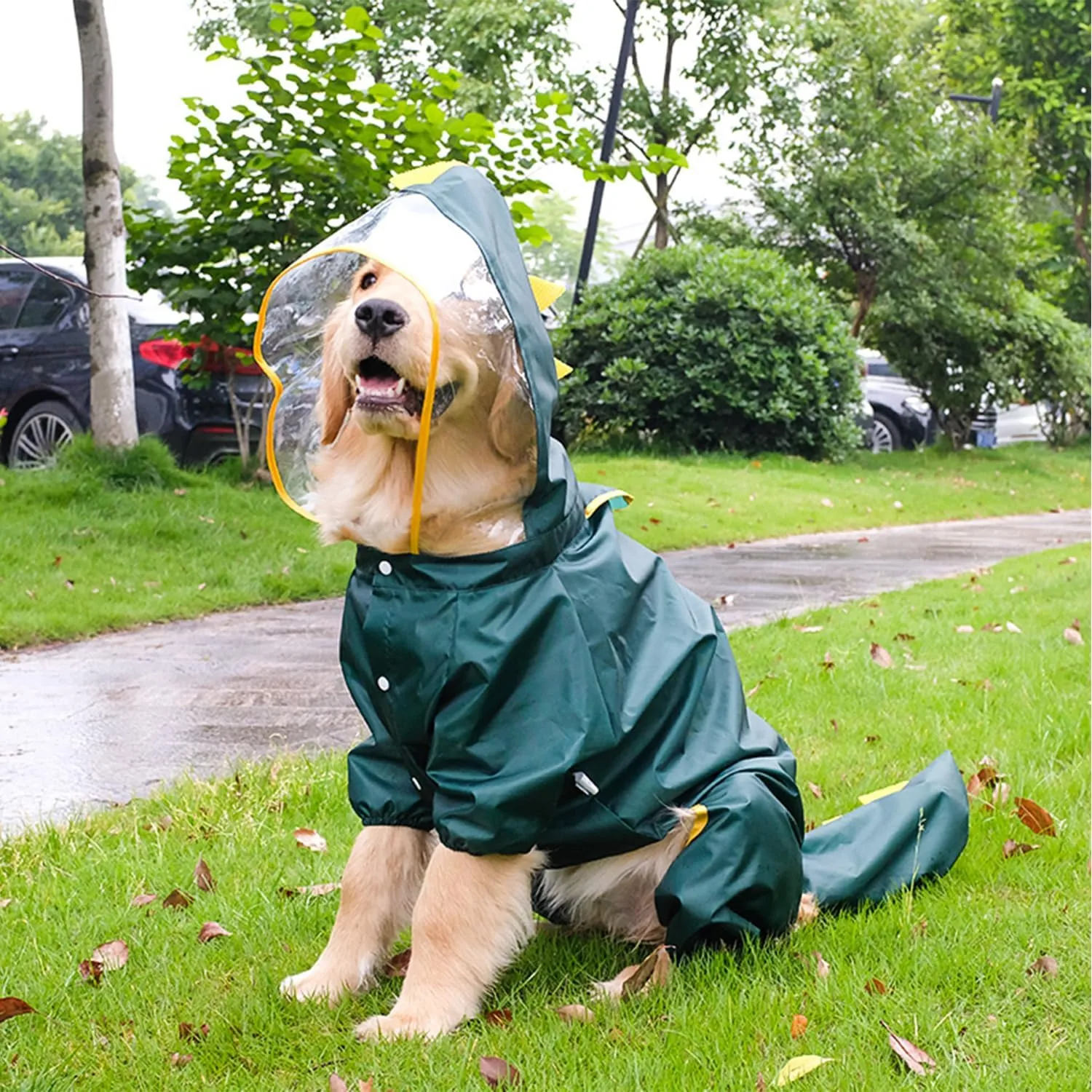 HDKUW Large Dog Raincoat with Leash Hole, Full Coverage Slicker Dog Rain Coat Hoodie, Animal Shape Waterproof Jacket for Small Medium Large Dogs Dinosaur 7XL