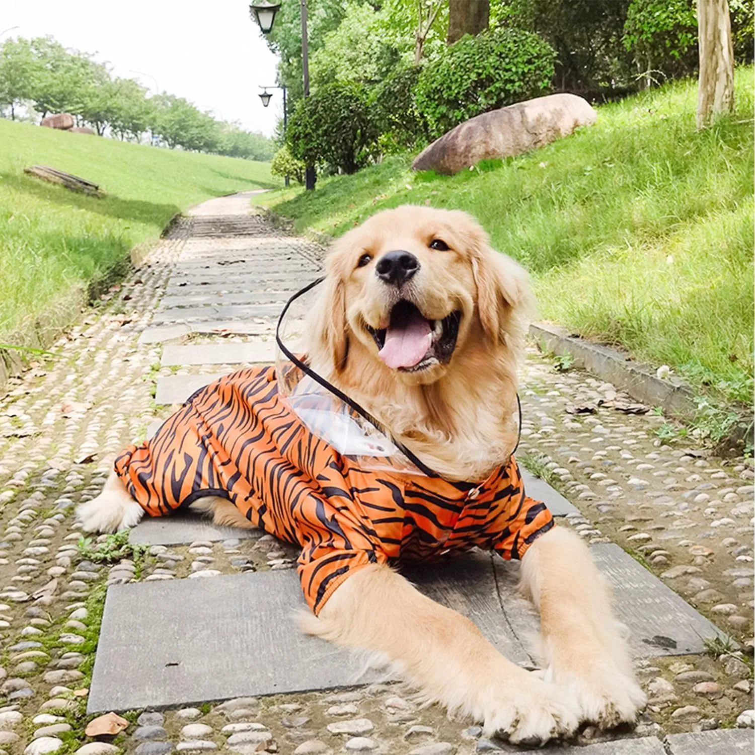 HDKUW Large Dog Raincoat with Leash Hole, Full Coverage Slicker Dog Rain Coat Hoodie, Animal Shape Waterproof Jacket for Small Medium Large Dogs Tiger 7XL