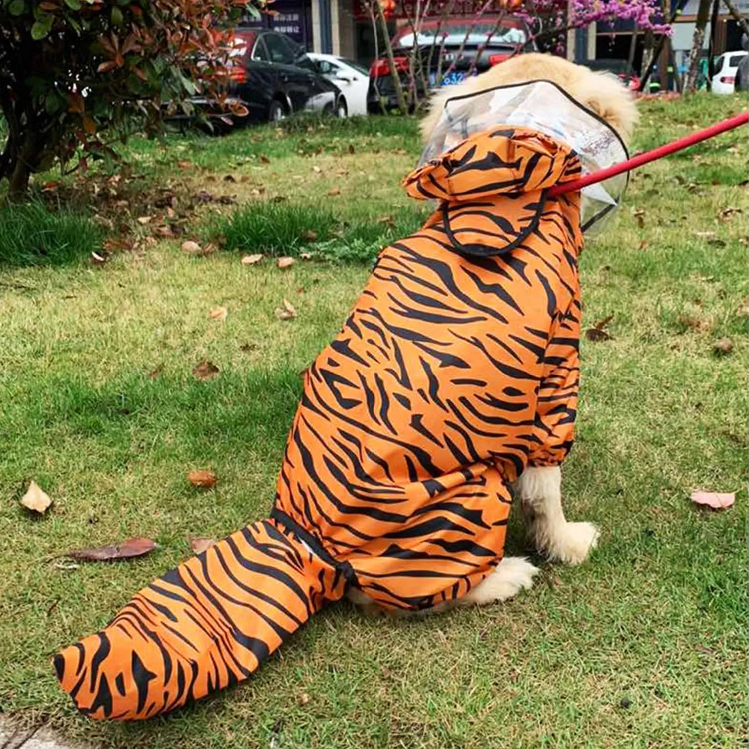 HDKUW Large Dog Raincoat with Leash Hole, Full Coverage Slicker Dog Rain Coat Hoodie, Animal Shape Waterproof Jacket for Small Medium Large Dogs Tiger 7XL