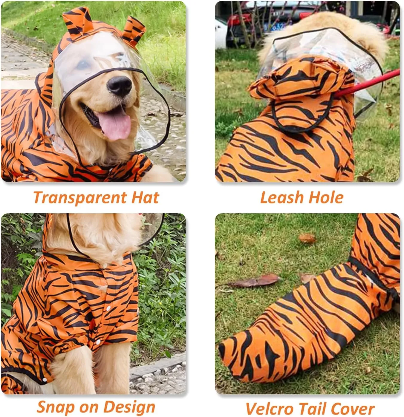 HDKUW Large Dog Raincoat with Leash Hole, Full Coverage Slicker Dog Rain Coat Hoodie, Animal Shape Waterproof Jacket for Small Medium Large Dogs Tiger 7XL