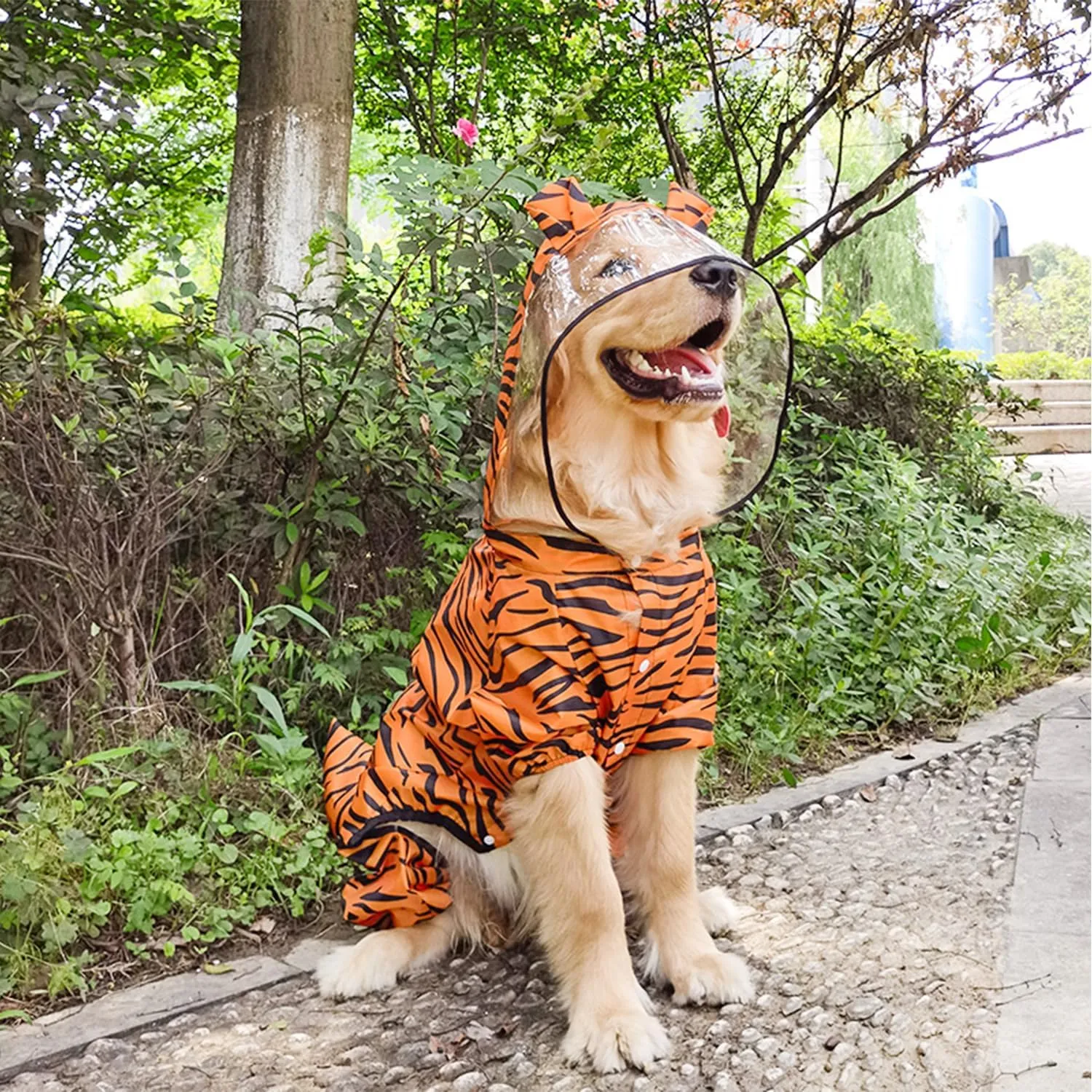 HDKUW Large Dog Raincoat with Leash Hole, Full Coverage Slicker Dog Rain Coat Hoodie, Animal Shape Waterproof Jacket for Small Medium Large Dogs Tiger 7XL