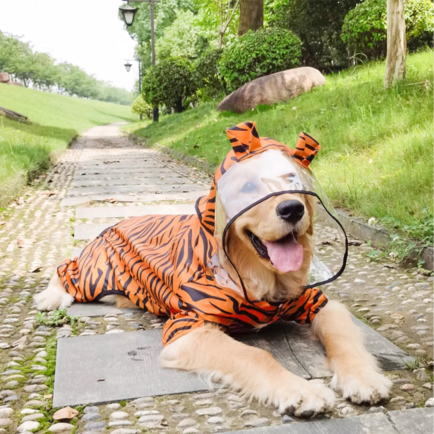 HDKUW Large Dog Raincoat with Leash Hole, Full Coverage Slicker Dog Rain Coat Hoodie, Animal Shape Waterproof Jacket for Small Medium Large Dogs Tiger 7XL