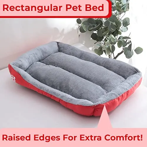 Homestic Dog & Cat Bed|Super Soft Plush Top Pet Bed|Oxford Cloth Polyester Filling|Machine Washable Dog Bed|Rectangular Cat Bed with Rise-Edge Pillow|QY036R-L|Red