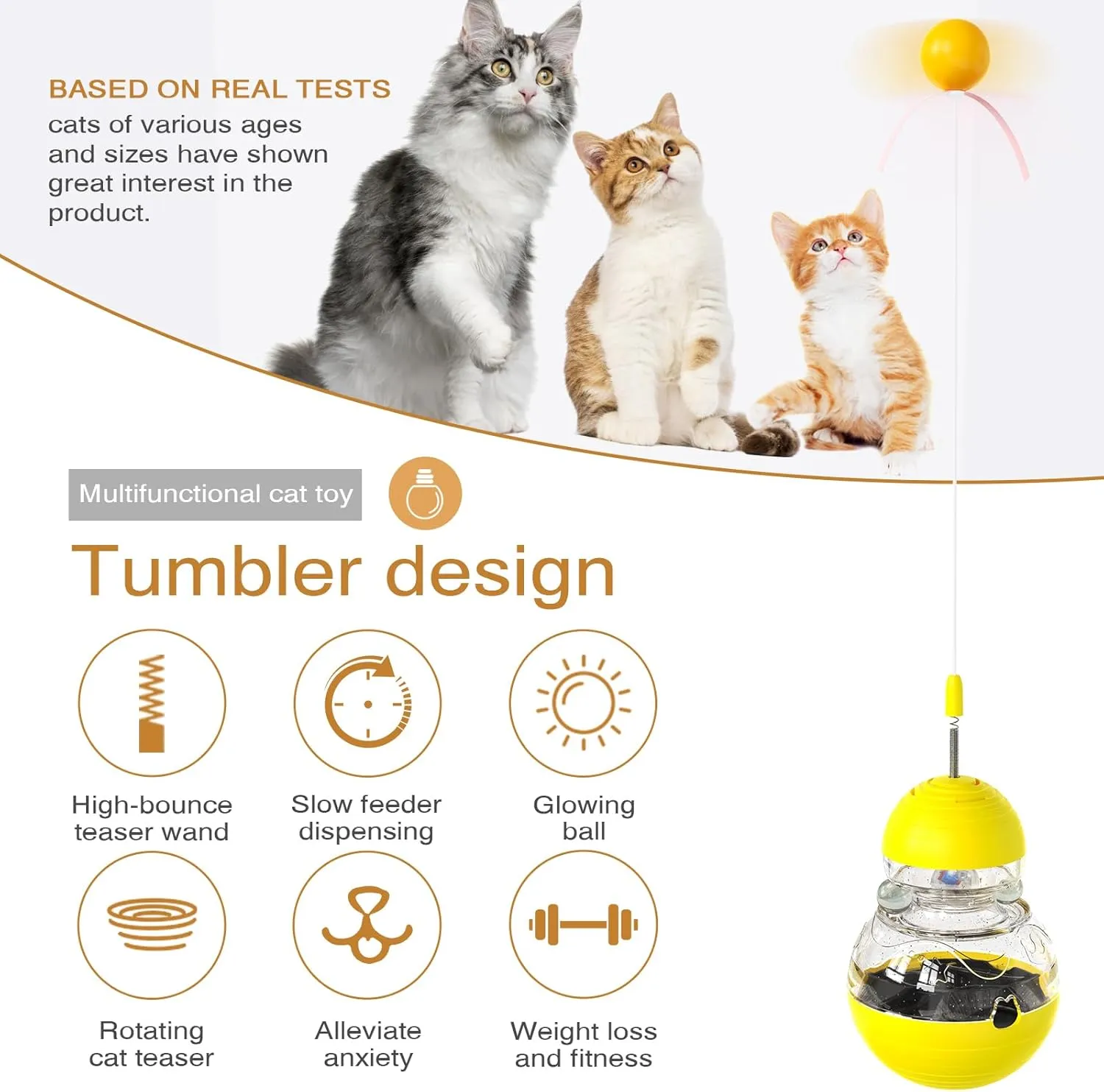 Interactive Cat Toy, Gourd Tumbler Design with Teaser Wand, A Durable and Safe Treat Dispenser  Ideal Gift for Kitten Exercise and Boredom Relief (Yellow)