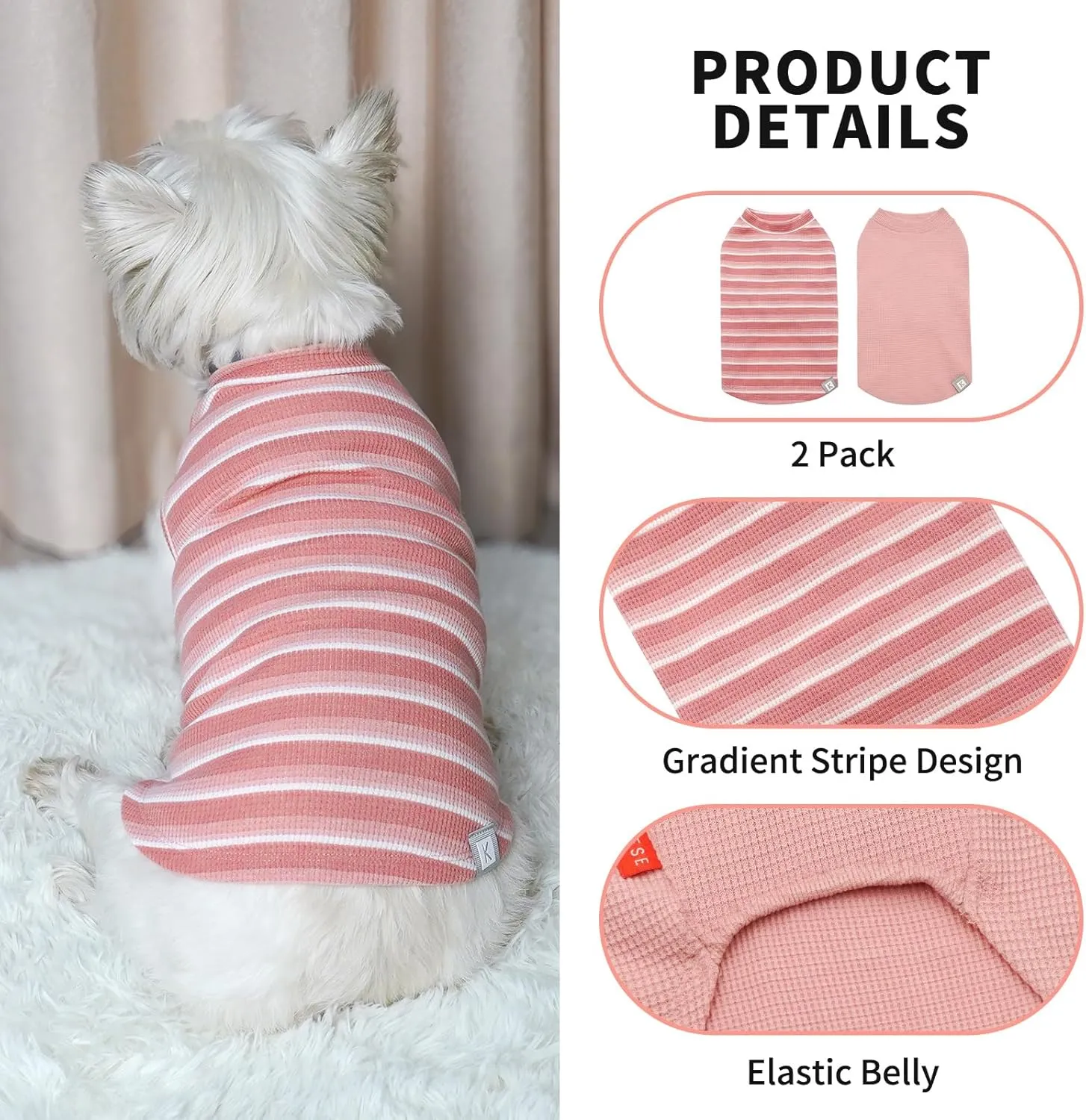 KYEESE 2Pack Waffle Dog Shirts for Small Dogs Stretchy T-Shirts Lightweight Tank Top Sleeveless Striped Vest Breathable Cat Tee, Medium, Pink Striped