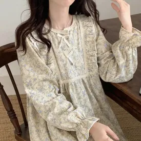 LANFUBEISI Vintage Nightgown Floral Print Sleepwear Womens Korean Ruffles Night Dress One Piece Pajamas Spring Knee Length Bow Home Wear
