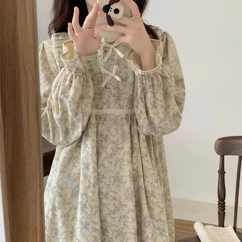 LANFUBEISI Vintage Nightgown Floral Print Sleepwear Womens Korean Ruffles Night Dress One Piece Pajamas Spring Knee Length Bow Home Wear