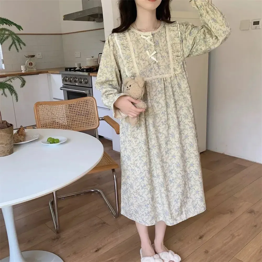 LANFUBEISI Vintage Nightgown Floral Print Sleepwear Womens Korean Ruffles Night Dress One Piece Pajamas Spring Knee Length Bow Home Wear