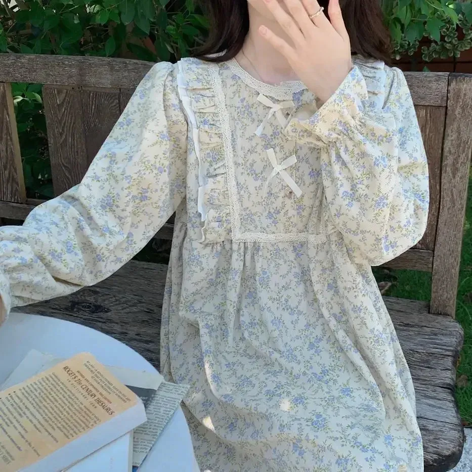 LANFUBEISI Vintage Nightgown Floral Print Sleepwear Womens Korean Ruffles Night Dress One Piece Pajamas Spring Knee Length Bow Home Wear