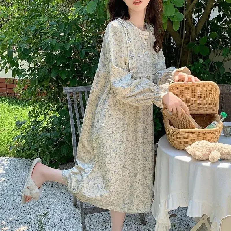LANFUBEISI Vintage Nightgown Floral Print Sleepwear Womens Korean Ruffles Night Dress One Piece Pajamas Spring Knee Length Bow Home Wear