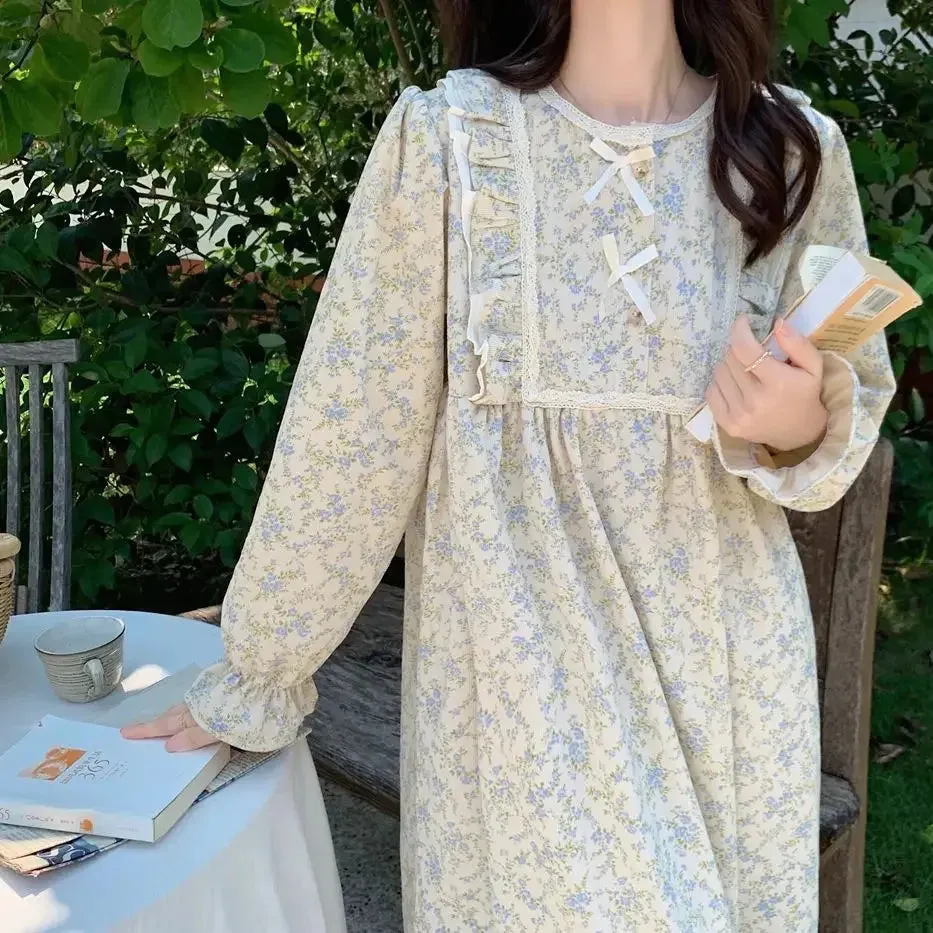 LANFUBEISI Vintage Nightgown Floral Print Sleepwear Womens Korean Ruffles Night Dress One Piece Pajamas Spring Knee Length Bow Home Wear