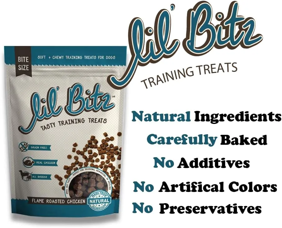 Lil' Bitz Flame Roasted Chicken Training Treats for All Dog Breeds - Low Calories, Grain Free, Natural Ingredients, NASC Compliance - Perfect Reward for Dogs of Every Size (3 Pack)