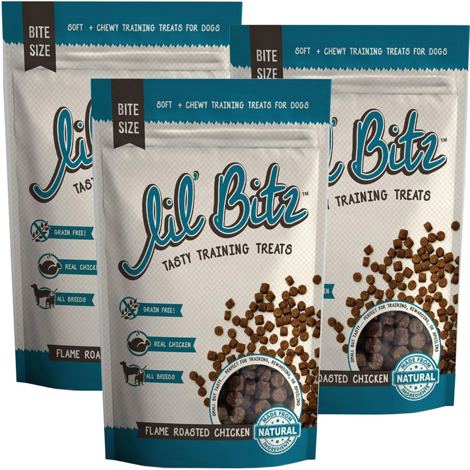 Lil' Bitz Flame Roasted Chicken Training Treats for All Dog Breeds - Low Calories, Grain Free, Natural Ingredients, NASC Compliance - Perfect Reward for Dogs of Every Size (3 Pack)