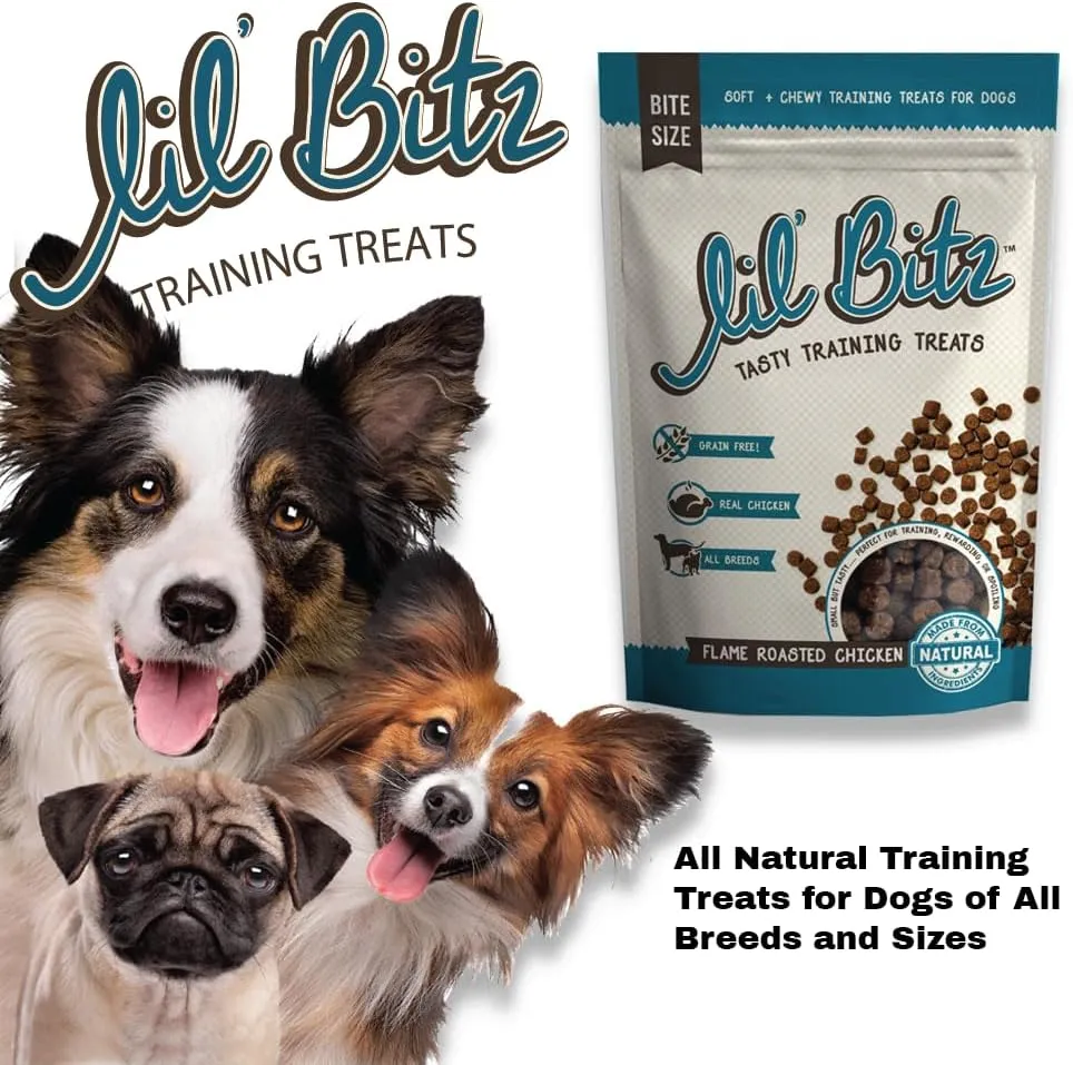 Lil' Bitz Flame Roasted Chicken Training Treats for All Dog Breeds - Low Calories, Grain Free, Natural Ingredients, NASC Compliance - Perfect Reward for Dogs of Every Size (3 Pack)