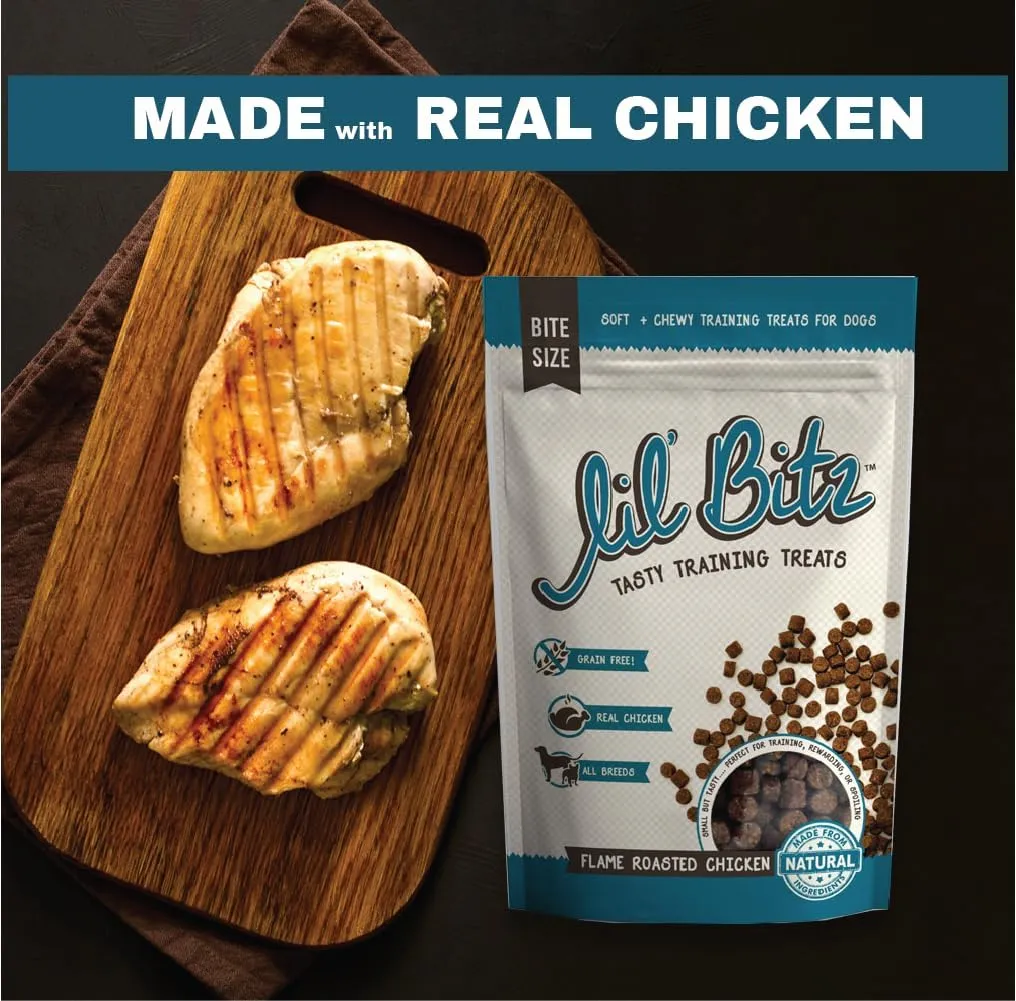 Lil' Bitz Flame Roasted Chicken Training Treats for All Dog Breeds - Low Calories, Grain Free, Natural Ingredients, NASC Compliance - Perfect Reward for Dogs of Every Size (3 Pack)