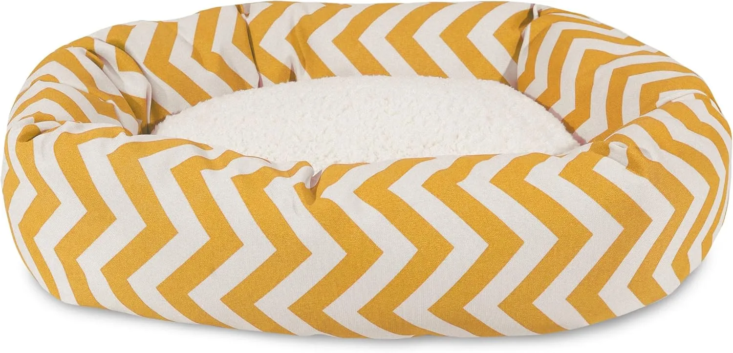 Majestic Pet 40 Inch Chevron Sherpa Calming Dog Bed Washable  Cozy Soft Round Dog Bed with Spine for Head Support - Fluffy Donut Dog Bed 40x29x9 (inch)  Round Pet Bed Large - YELLOW