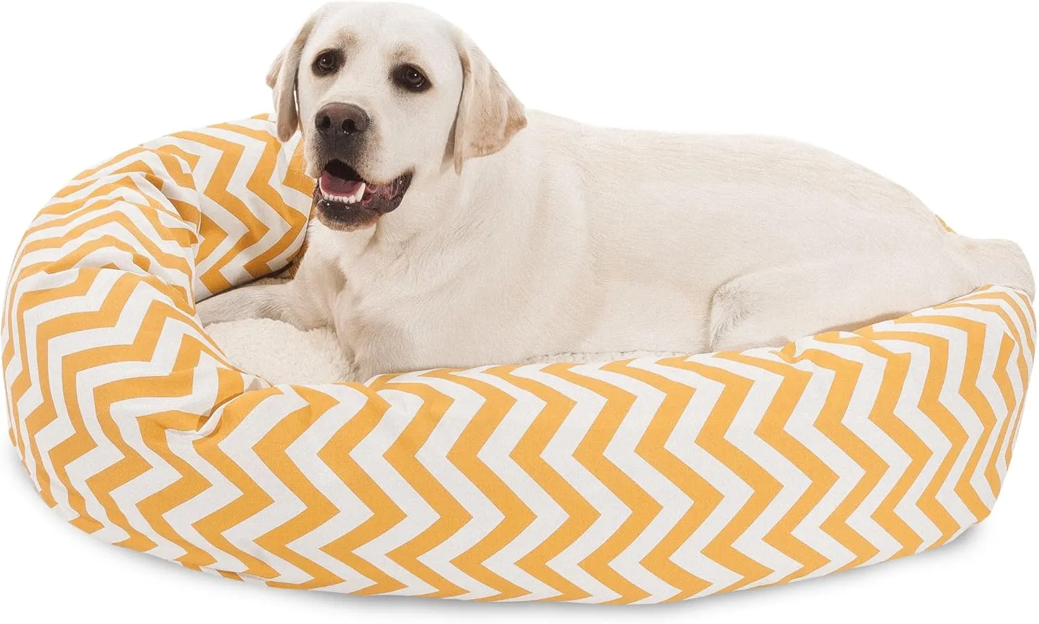 Majestic Pet 40 Inch Chevron Sherpa Calming Dog Bed Washable  Cozy Soft Round Dog Bed with Spine for Head Support - Fluffy Donut Dog Bed 40x29x9 (inch)  Round Pet Bed Large - YELLOW