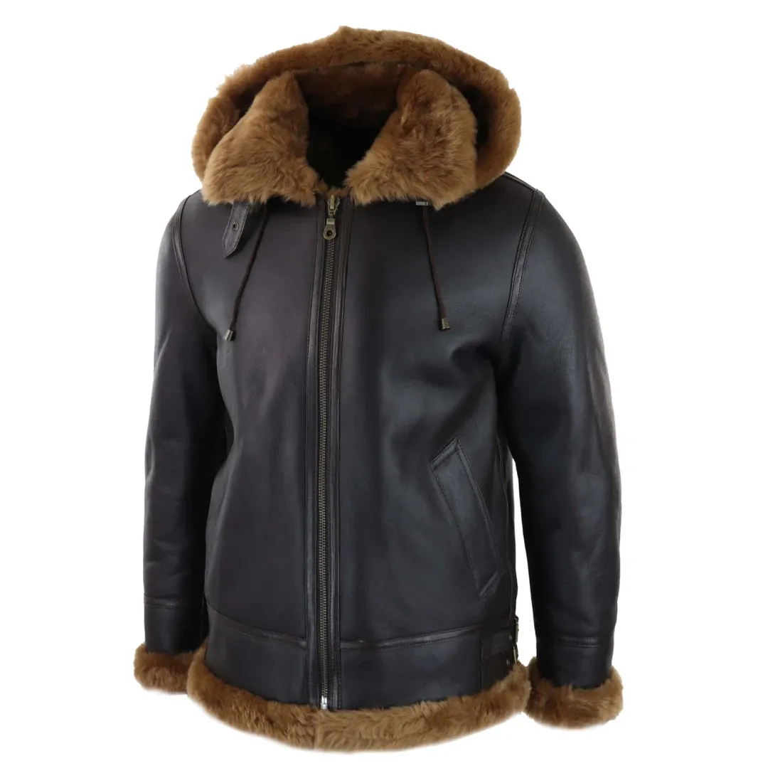Men's Leather Sherling Sheepskin Hood Jacket Aviator Flying Pilot