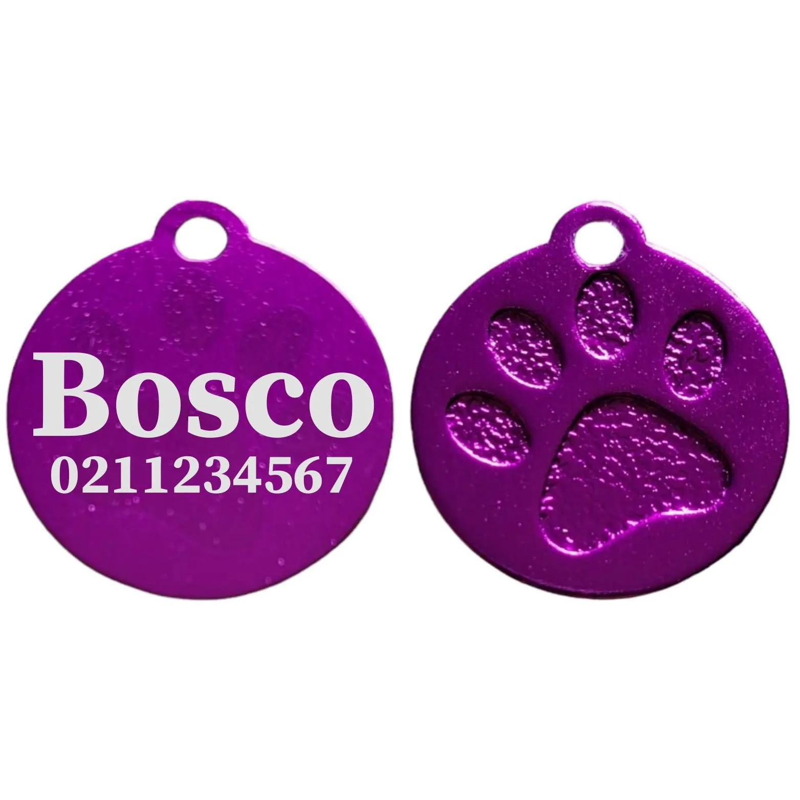Name & Number Front Round | Paw Print Aluminium | Cat, Kitten & Dog ID Pet Tag