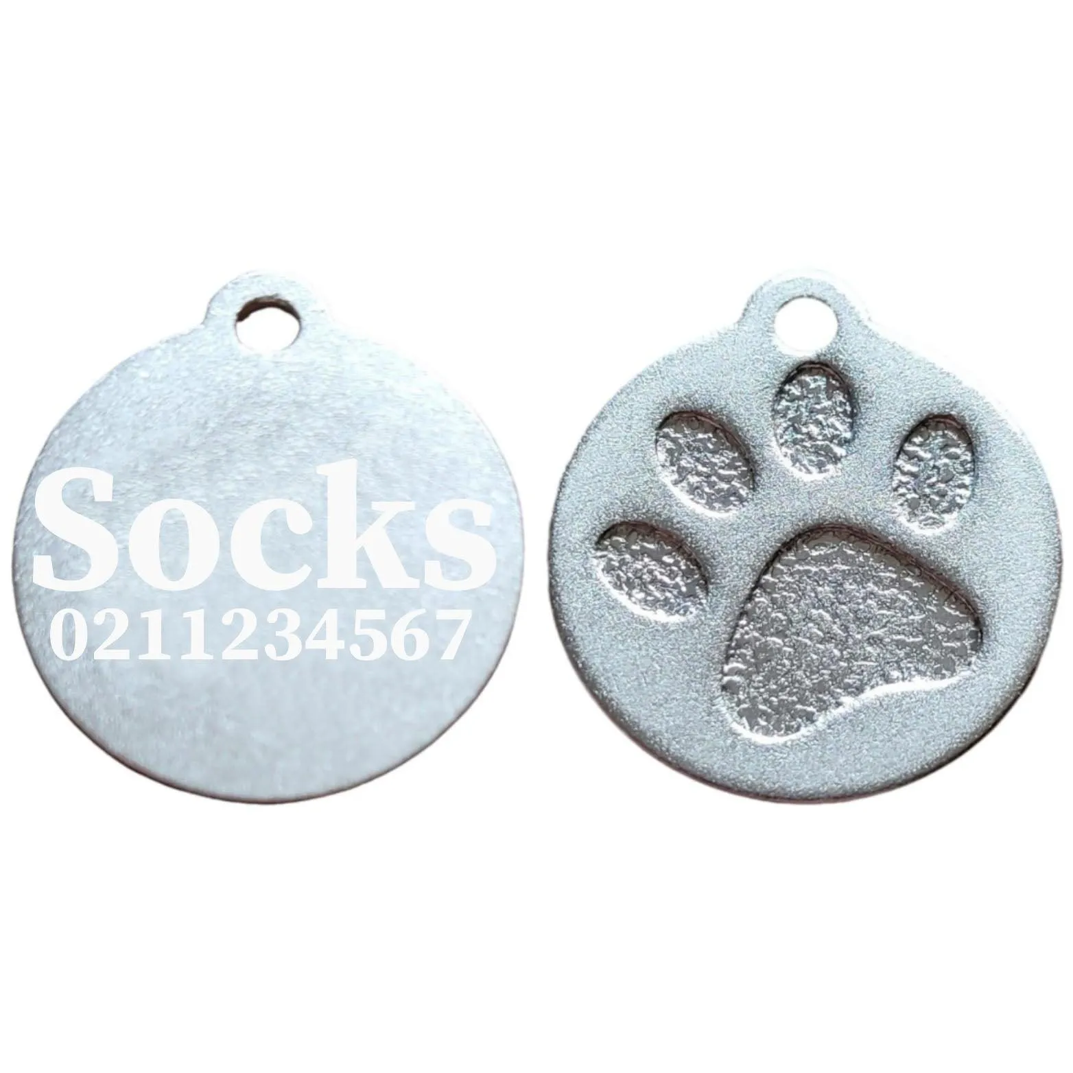 Name & Number Front Round | Paw Print Aluminium | Cat, Kitten & Dog ID Pet Tag