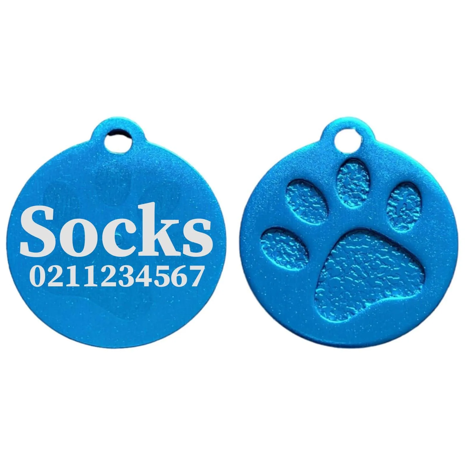 Name & Number Front Round | Paw Print Aluminium | Cat, Kitten & Dog ID Pet Tag