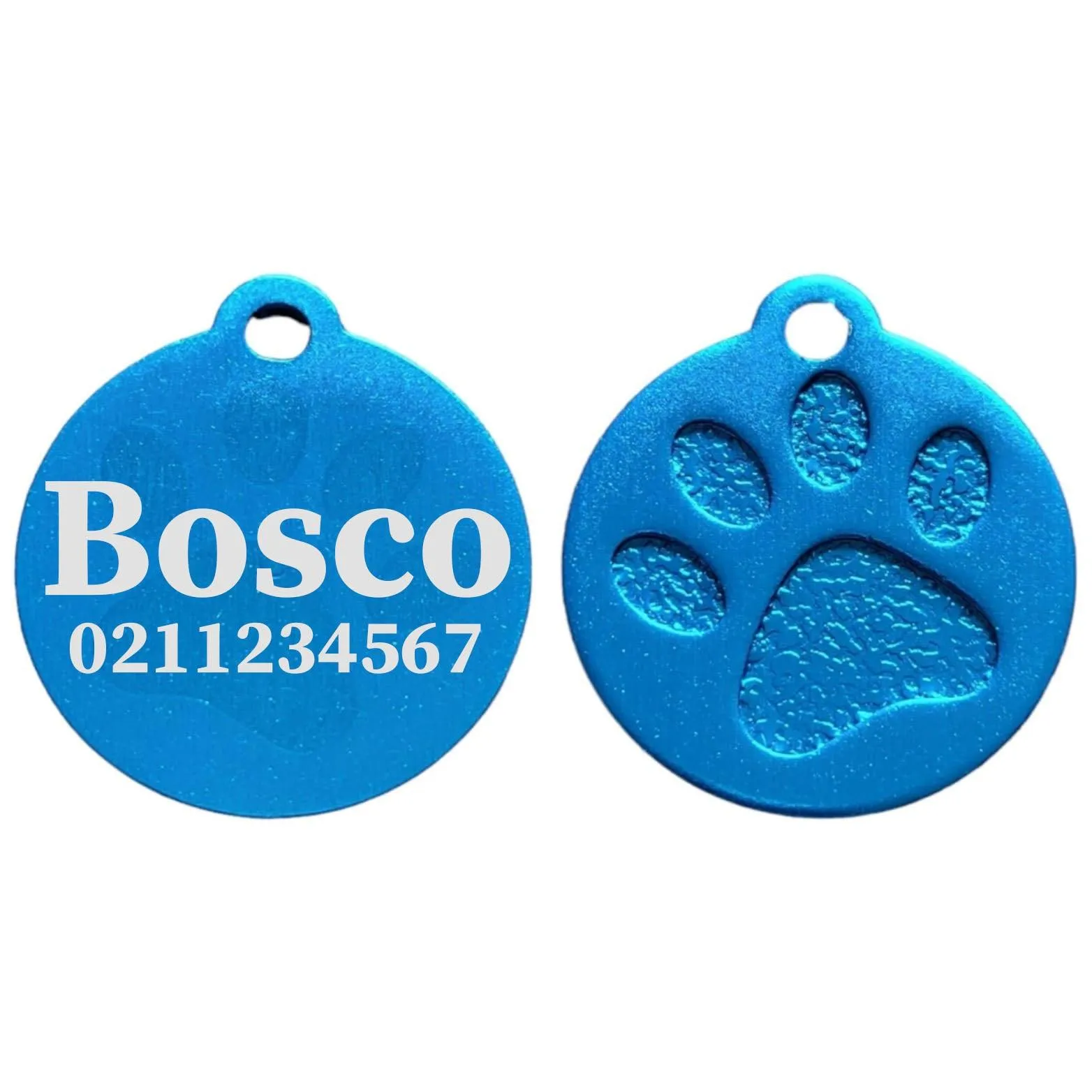 Name & Number Front Round | Paw Print Aluminium | Cat, Kitten & Dog ID Pet Tag
