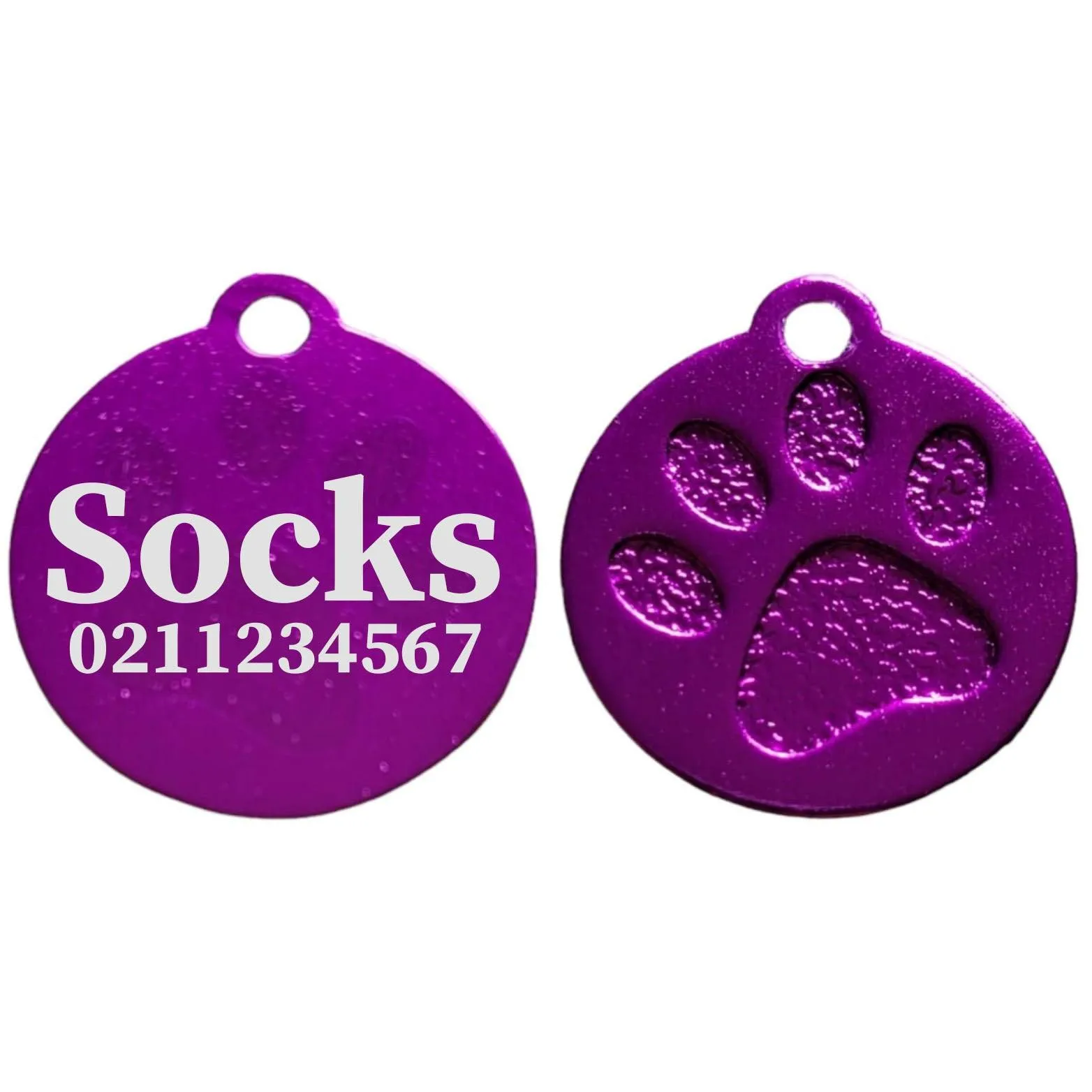 Name & Number Front Round | Paw Print Aluminium | Cat, Kitten & Dog ID Pet Tag