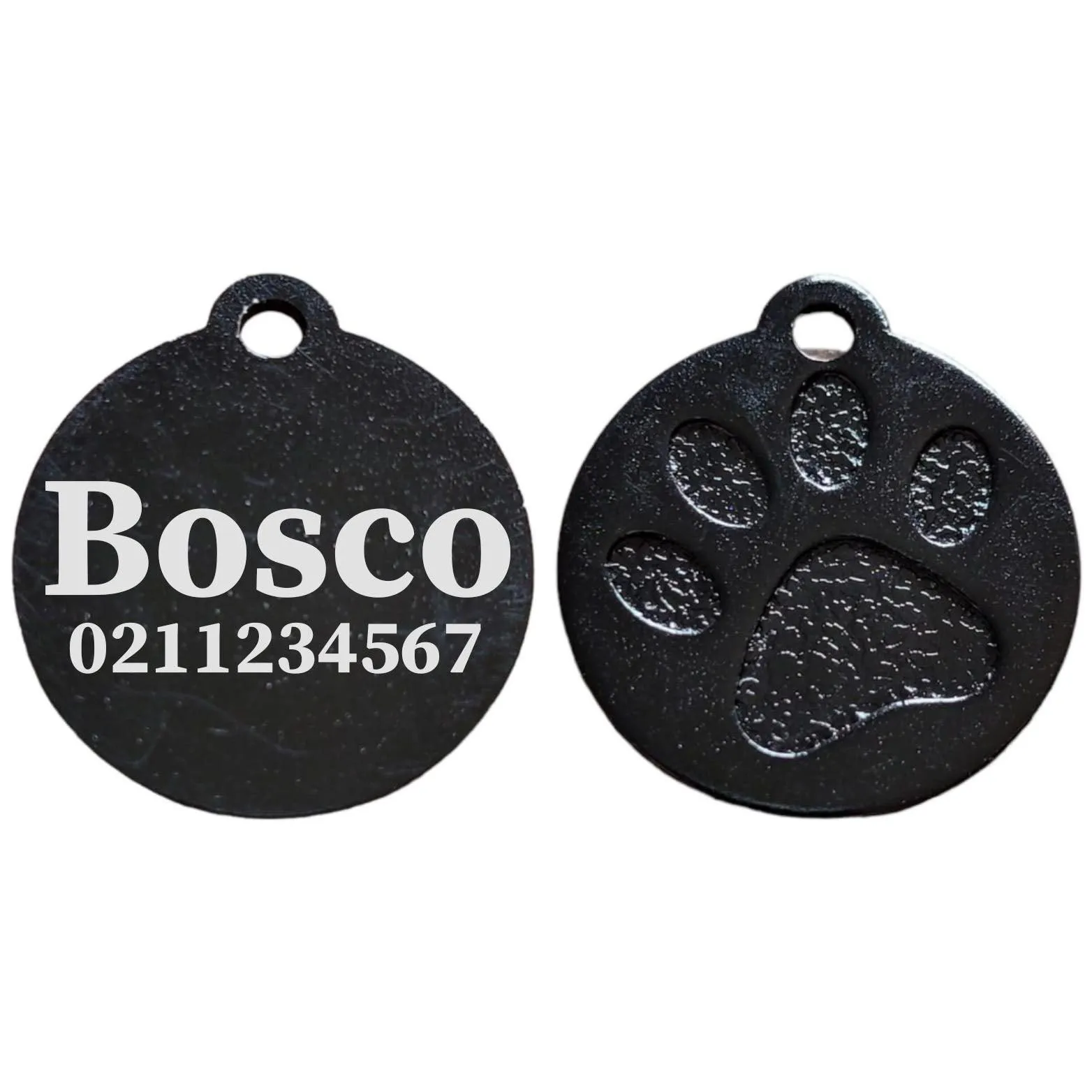 Name & Number Front Round | Paw Print Aluminium | Cat, Kitten & Dog ID Pet Tag