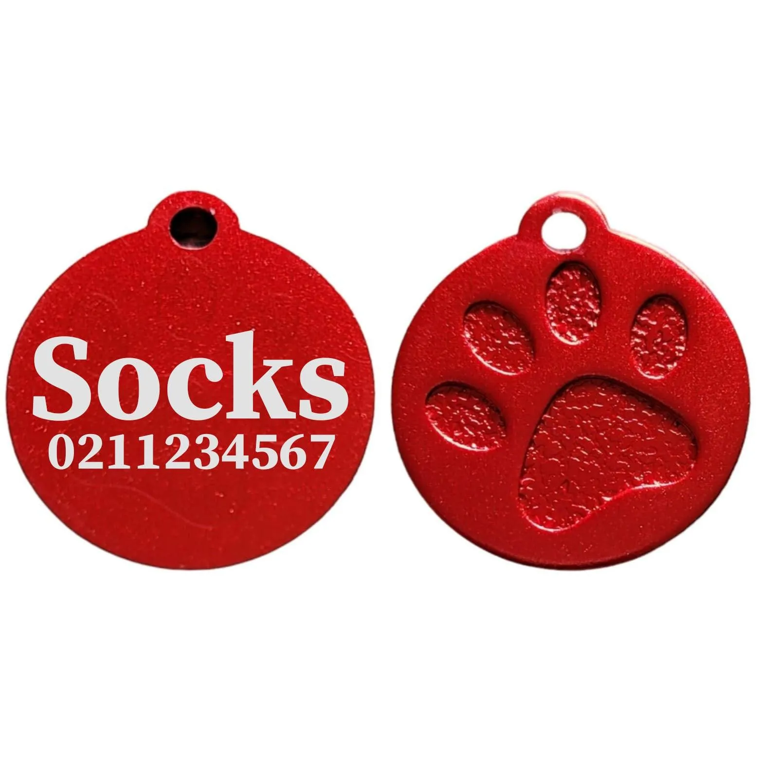 Name & Number Front Round | Paw Print Aluminium | Cat, Kitten & Dog ID Pet Tag