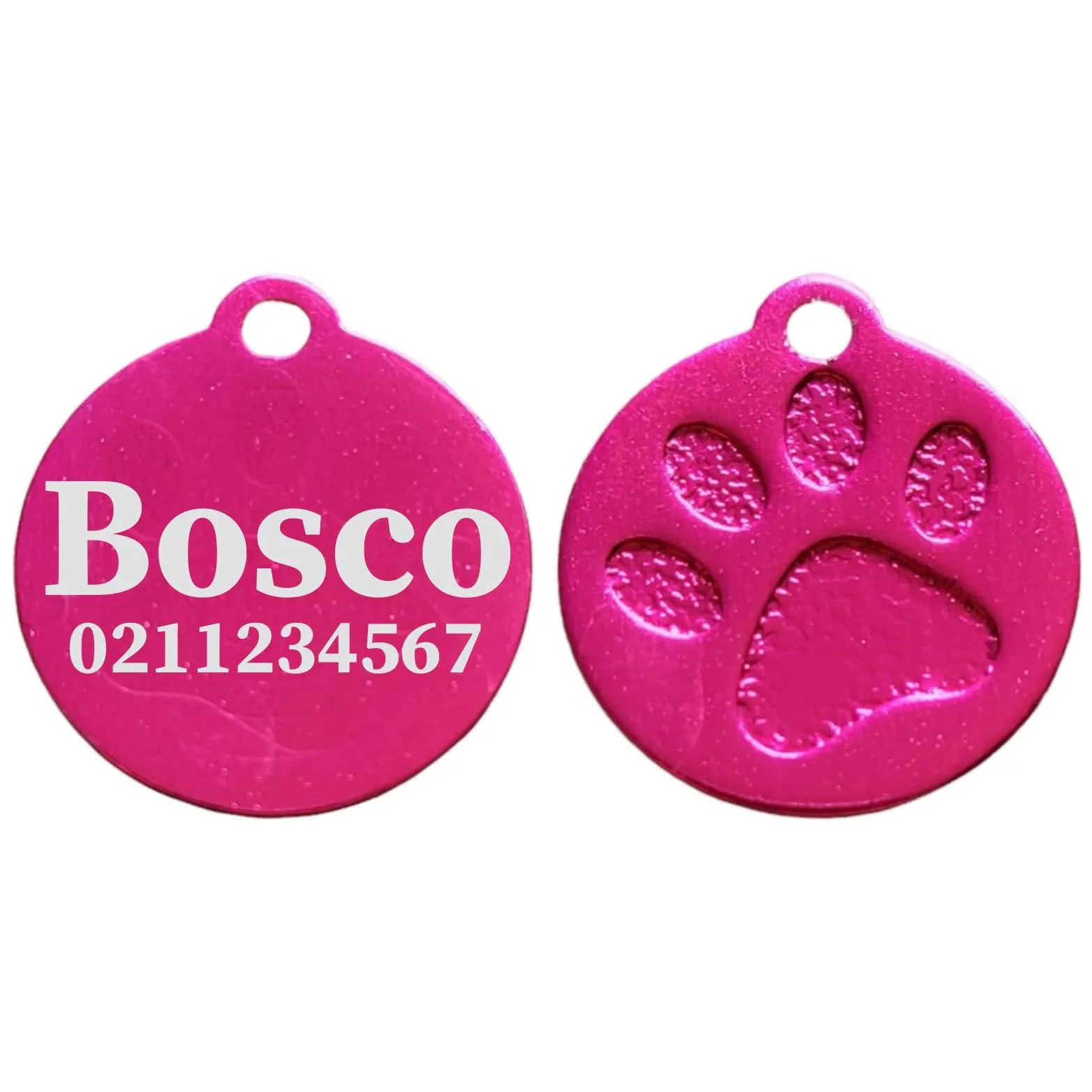 Name & Number Front Round | Paw Print Aluminium | Cat, Kitten & Dog ID Pet Tag