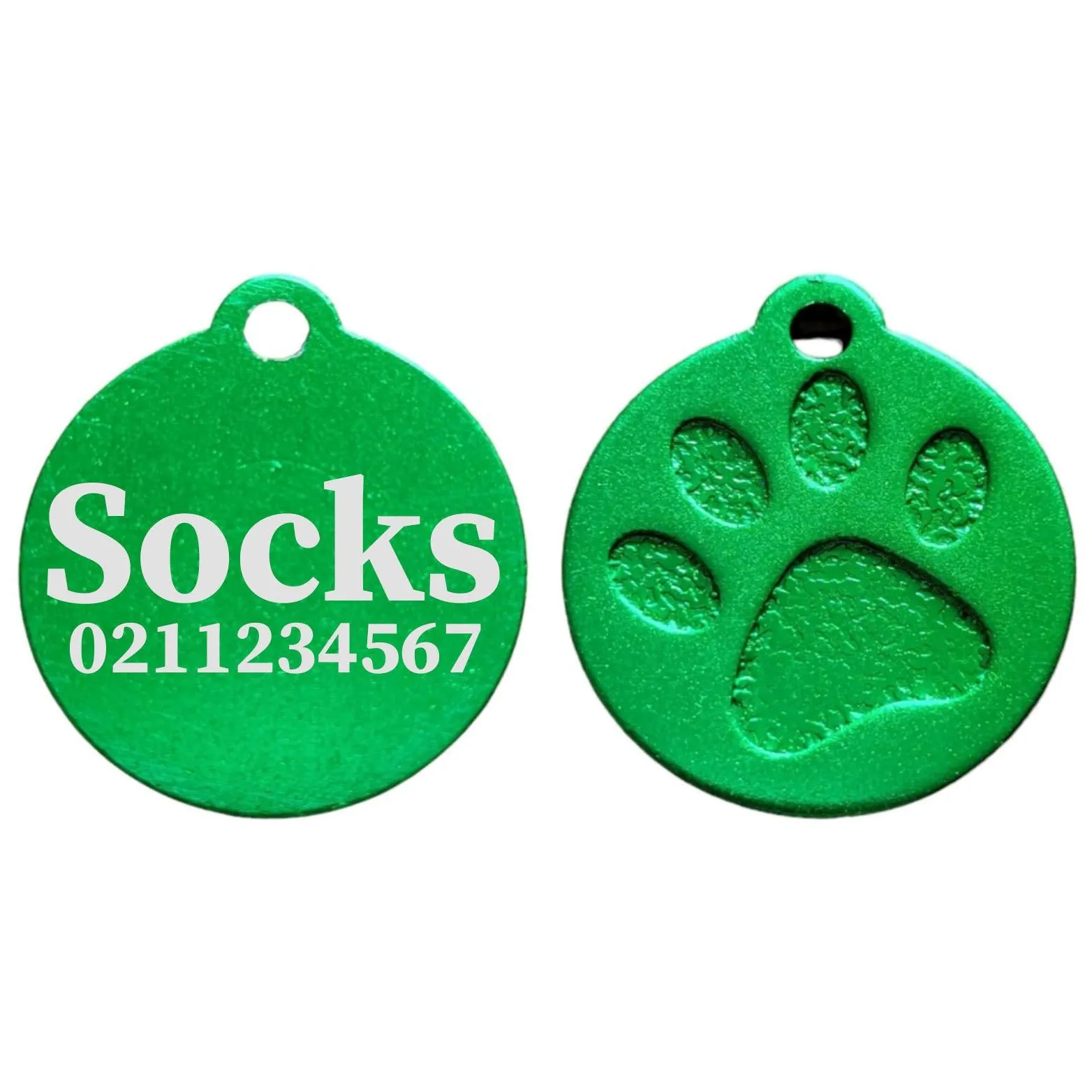Name & Number Front Round | Paw Print Aluminium | Cat, Kitten & Dog ID Pet Tag