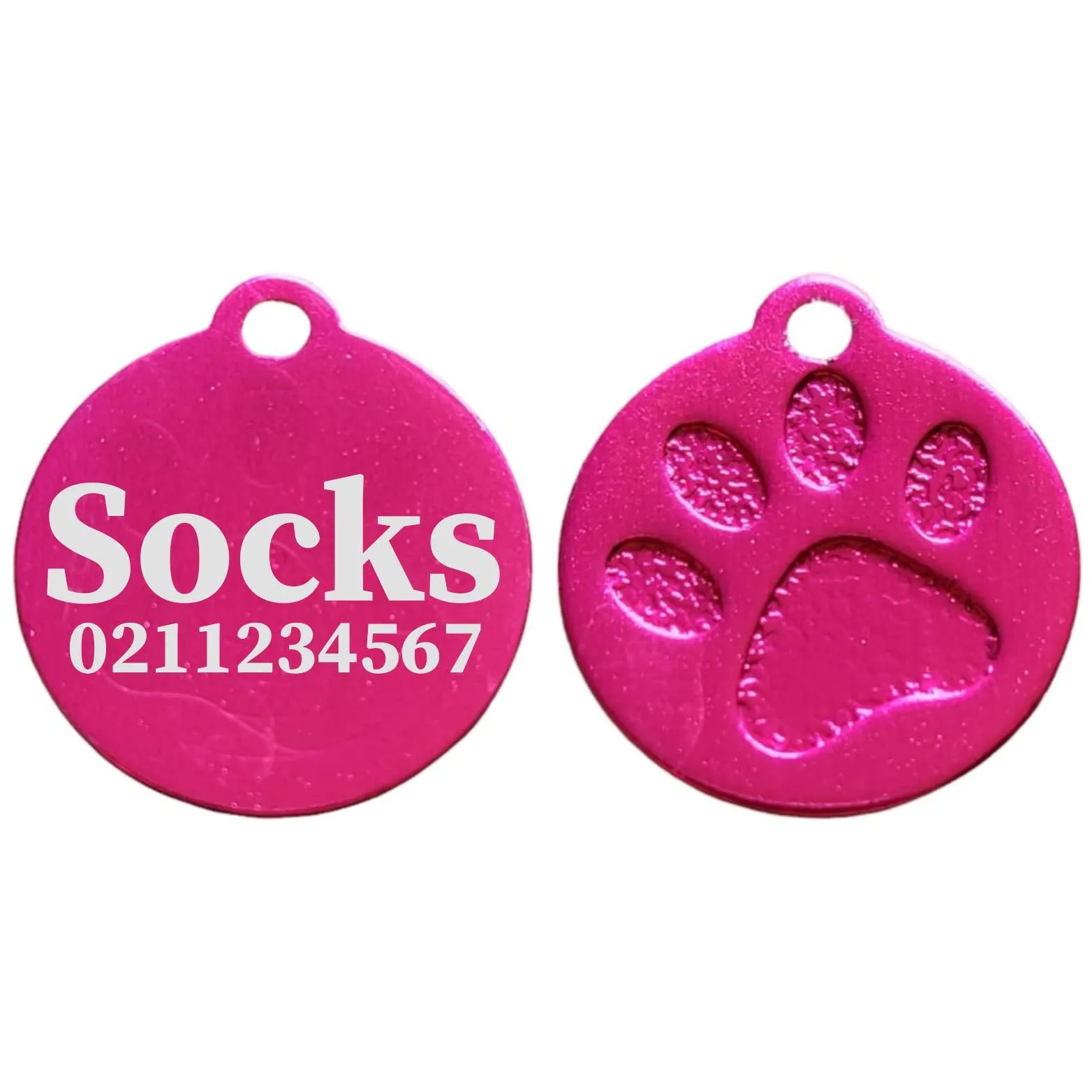 Name & Number Front Round | Paw Print Aluminium | Cat, Kitten & Dog ID Pet Tag