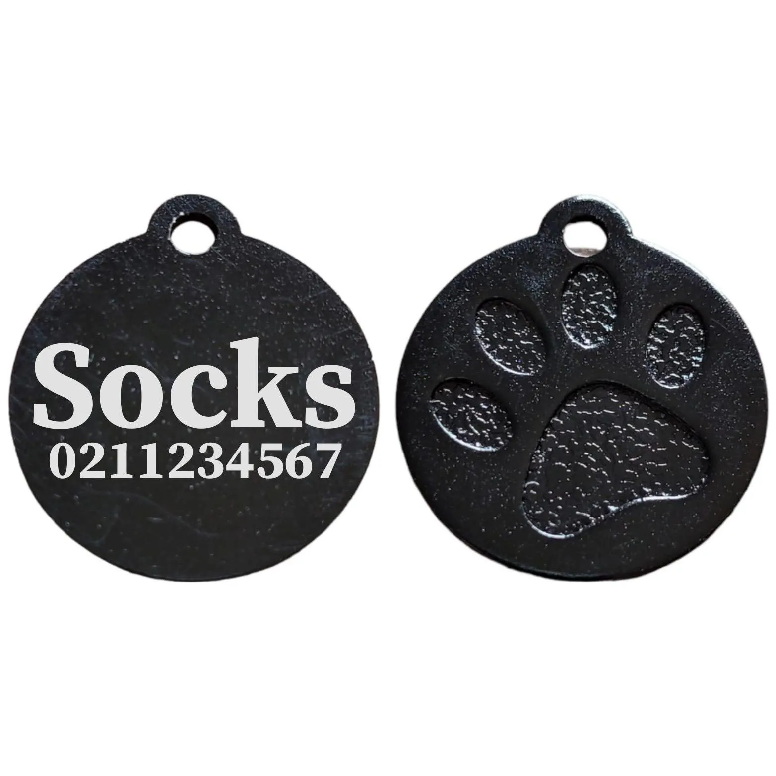 Name & Number Front Round | Paw Print Aluminium | Cat, Kitten & Dog ID Pet Tag