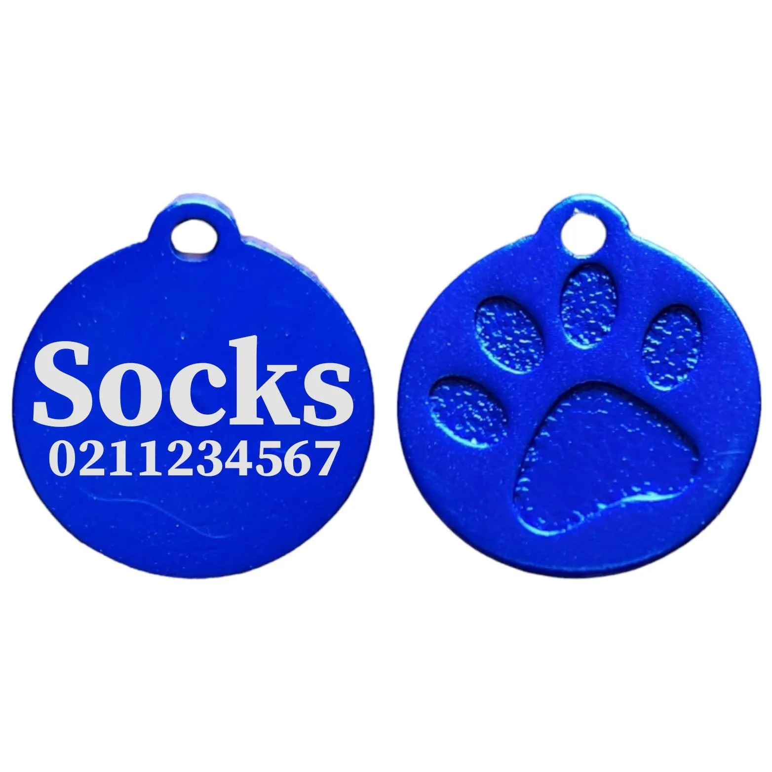 Name & Number Front Round | Paw Print Aluminium | Cat, Kitten & Dog ID Pet Tag