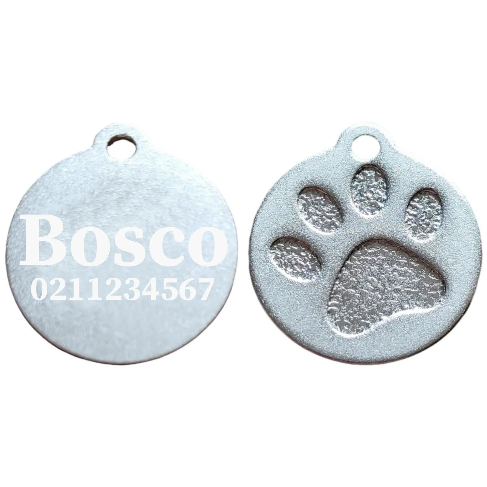 Name & Number Front Round | Paw Print Aluminium | Cat, Kitten & Dog ID Pet Tag