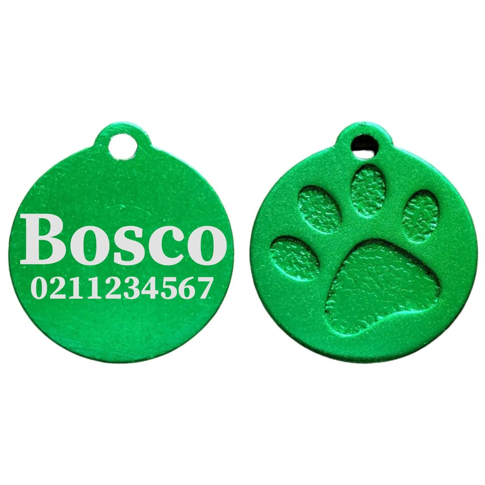 Name & Number Front Round | Paw Print Aluminium | Cat, Kitten & Dog ID Pet Tag