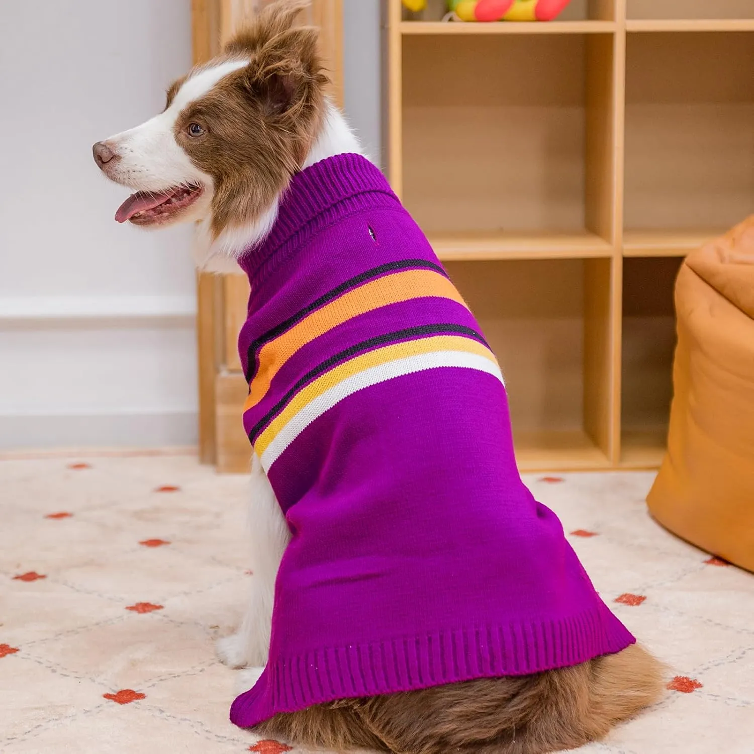 PAWCHIE Large Dog Girls & Boys Warm Coat Turtleneck, Thick Dog Clothes with Leash Hole, Stretchy Knitted Outfit for Small to Large Doggy Puppy, Purple L/XL