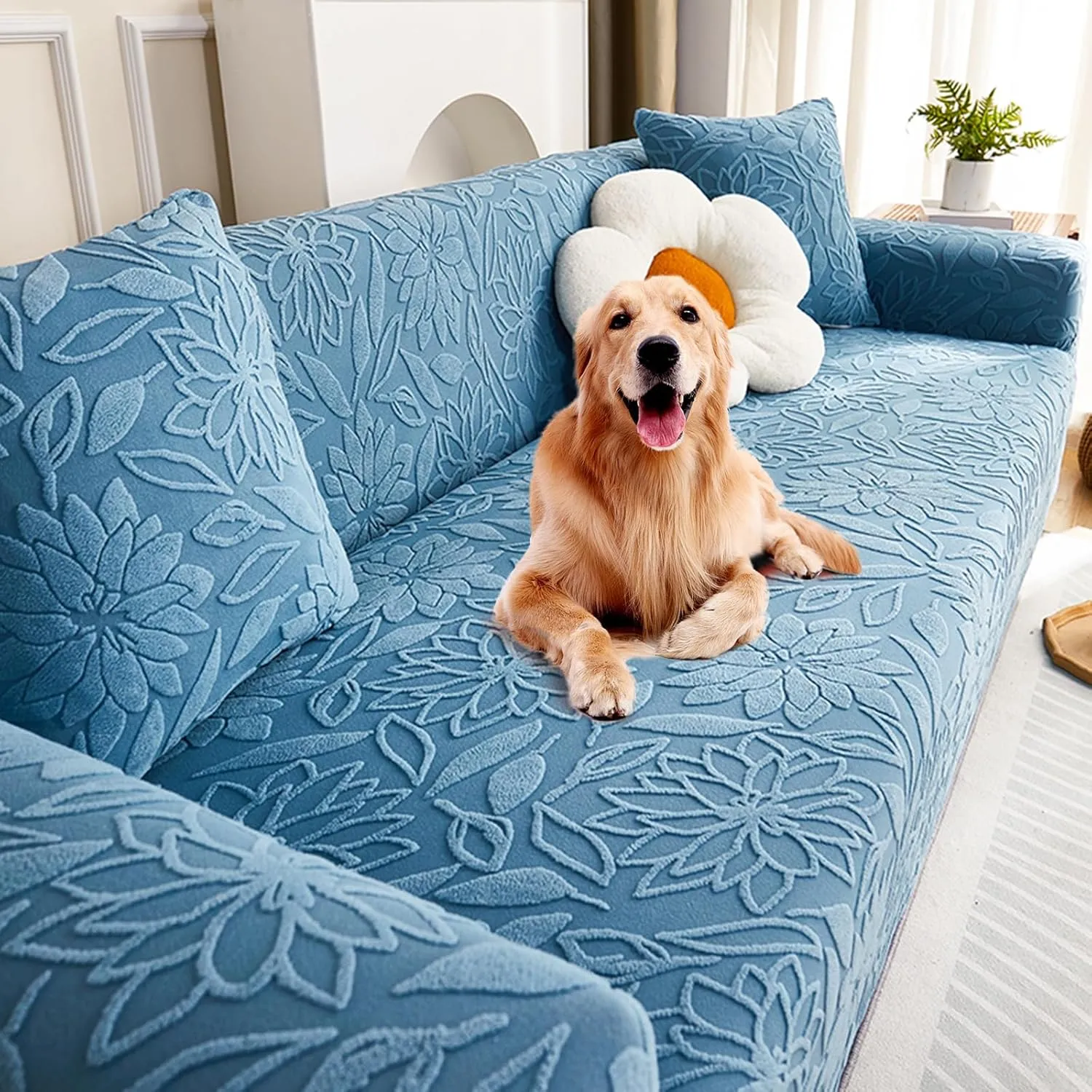 Pet Couch Covers for Sofa, Boho 3D Floral Couch Protector for Dogs with 2 Pillow Covers 18x18, Soft Comfy Washable Plush Sofa Mat Pet Bed Couch Slipcover (Blue,M)