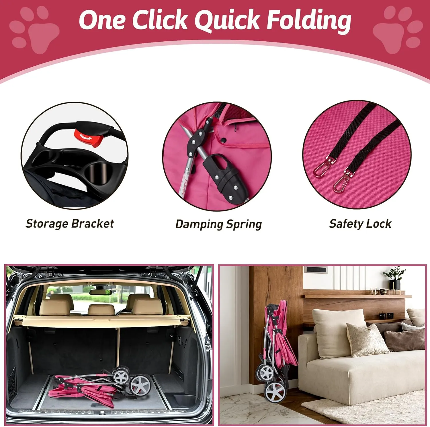 Pet Stroller, 4 Wheels Pet Strolling Cart for Medium/Small Dogs and Cats, Foldable Cat Jogger/Dog Stroller with Cup Holder, Storage Basket, Breathable Mesh, All-Season Pet Carrier, Pink