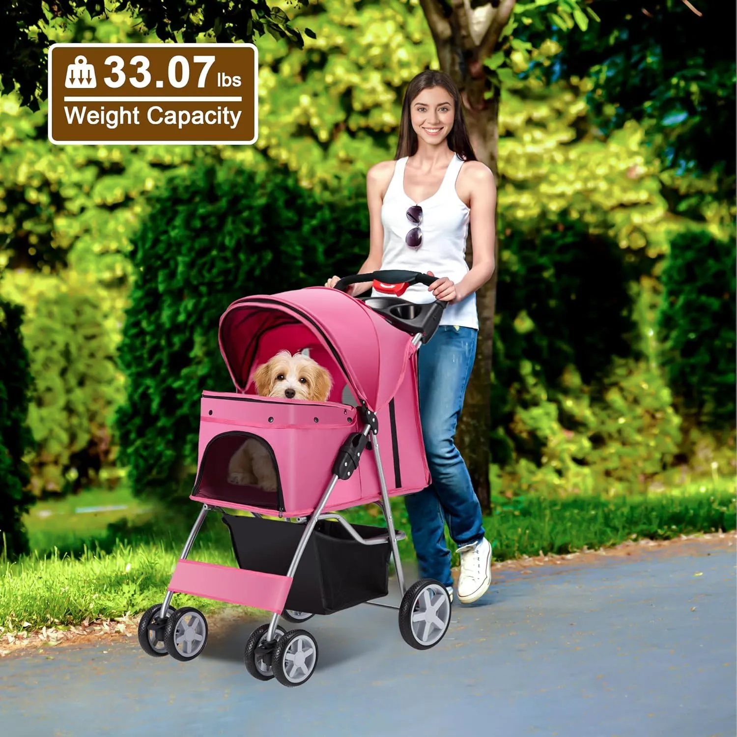 Pet Stroller, 4 Wheels Pet Strolling Cart for Medium/Small Dogs and Cats, Foldable Cat Jogger/Dog Stroller with Cup Holder, Storage Basket, Breathable Mesh, All-Season Pet Carrier, Pink